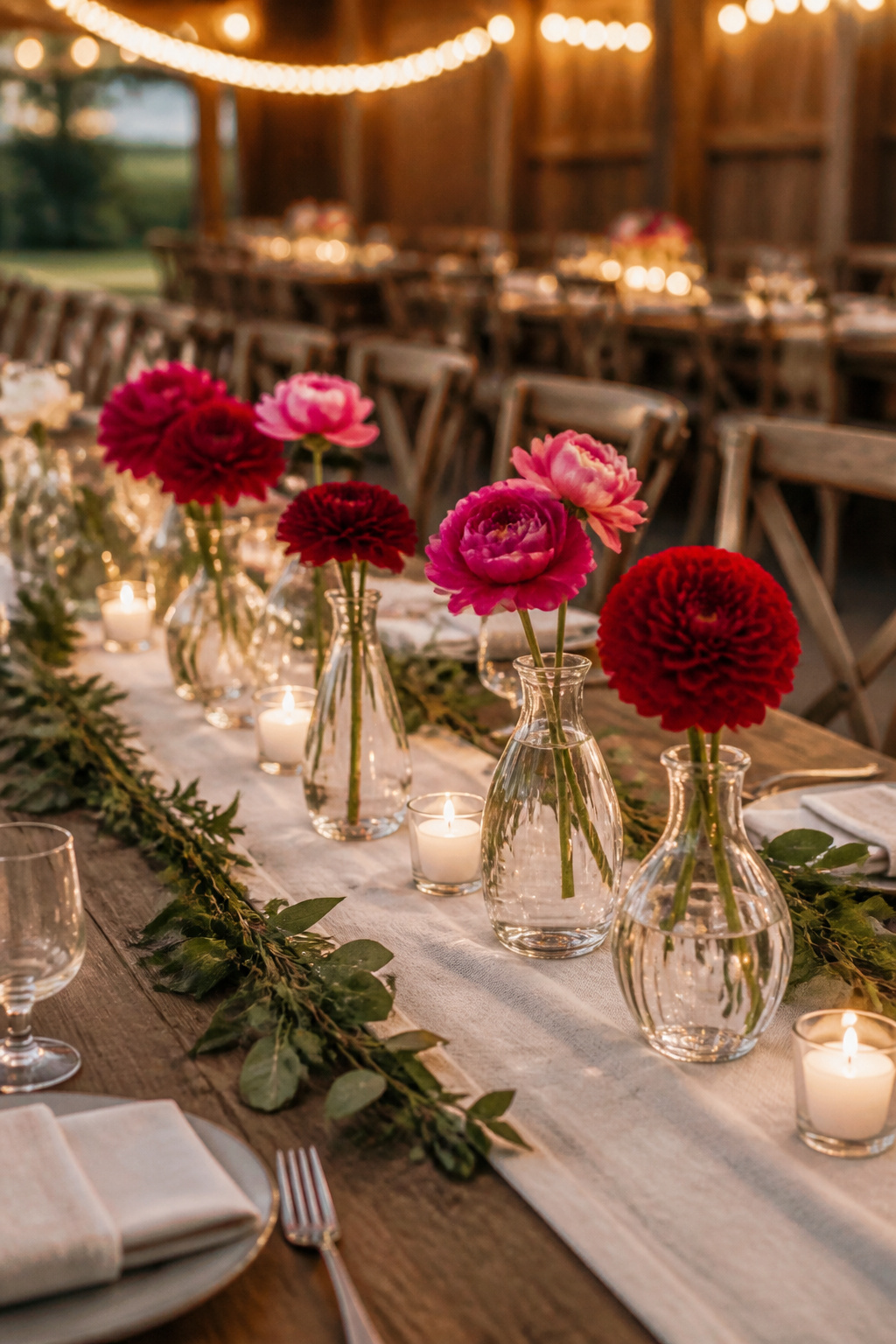 A wedding table with bud vases and small flower arrangements.