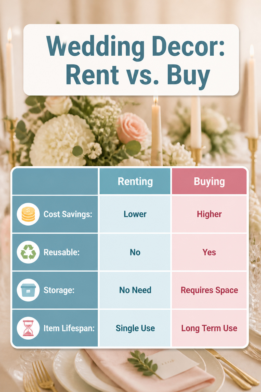 An informative graphic about renting versus buying wedding decor.