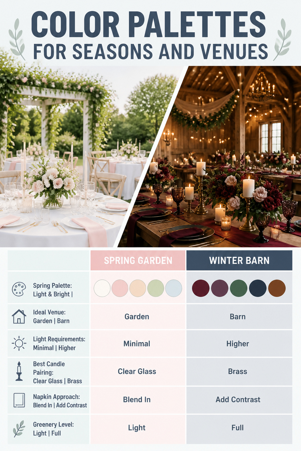 A color palette guide for seasonal wedding table decorations.