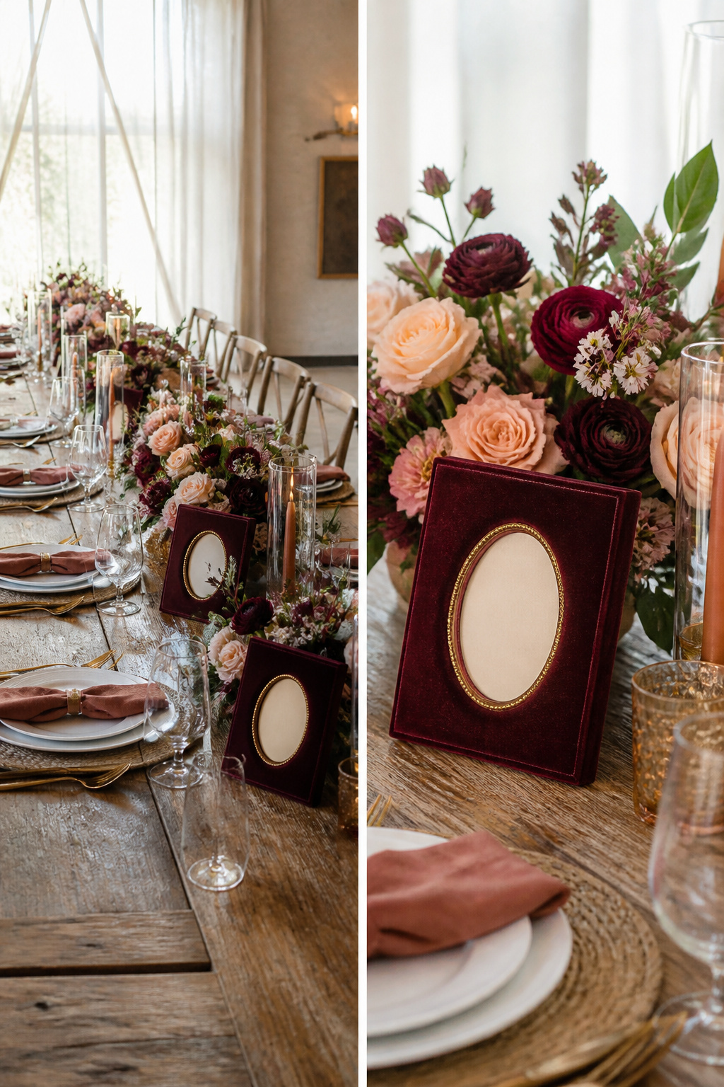 A table with small frames displaying table numbers and favors.