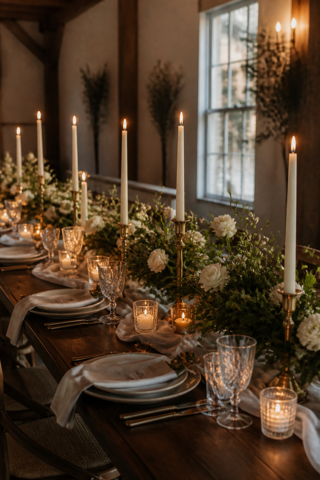 A long wedding table with taper and votive candles beside floral arrangements.