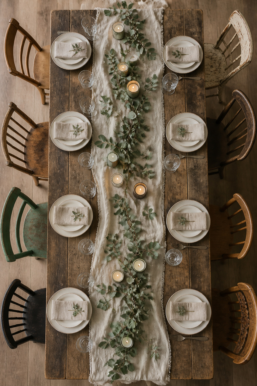 A table with a linen runner centered on a rustic wooden surface.