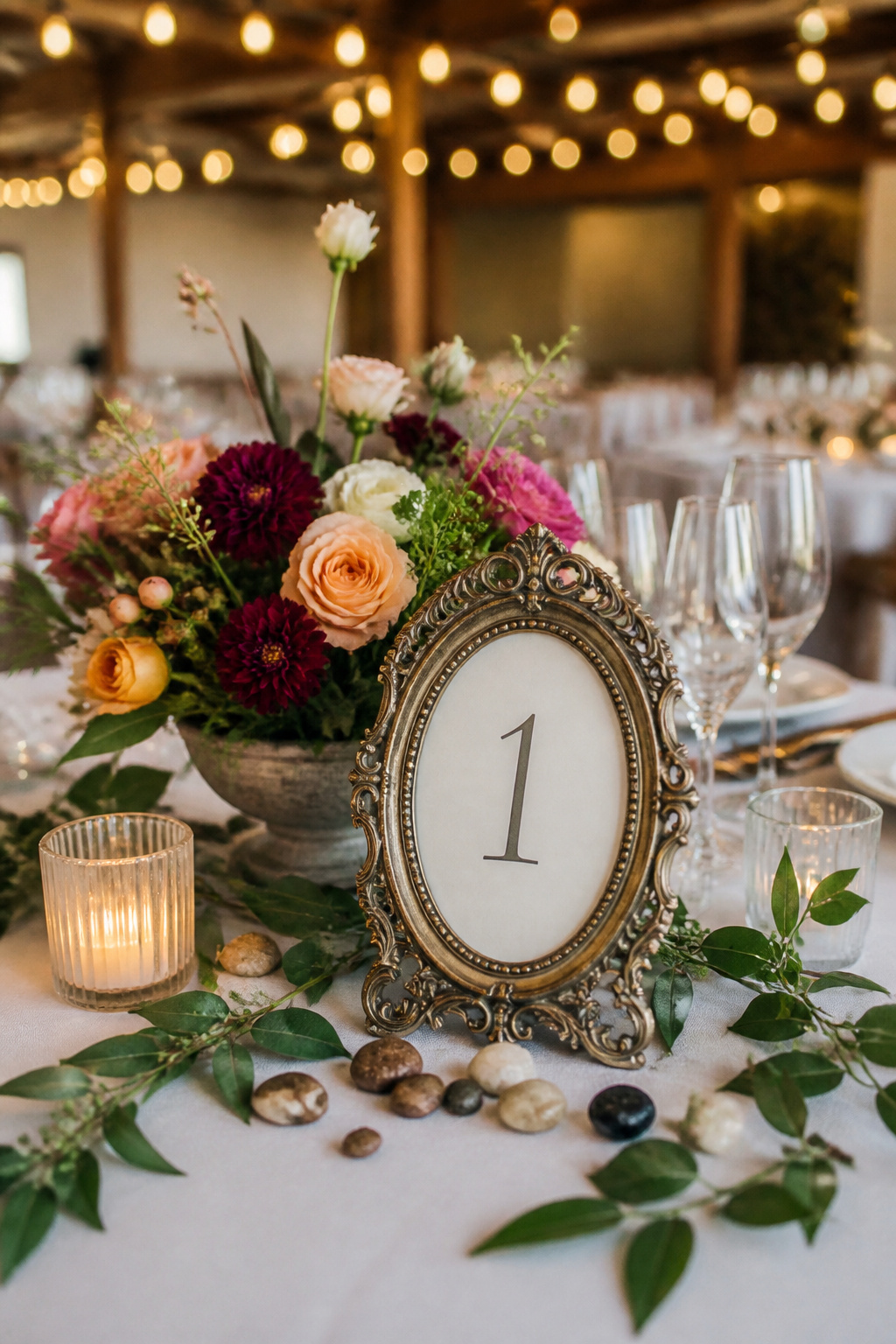 A table setting with a handwritten table number in a brass frame.