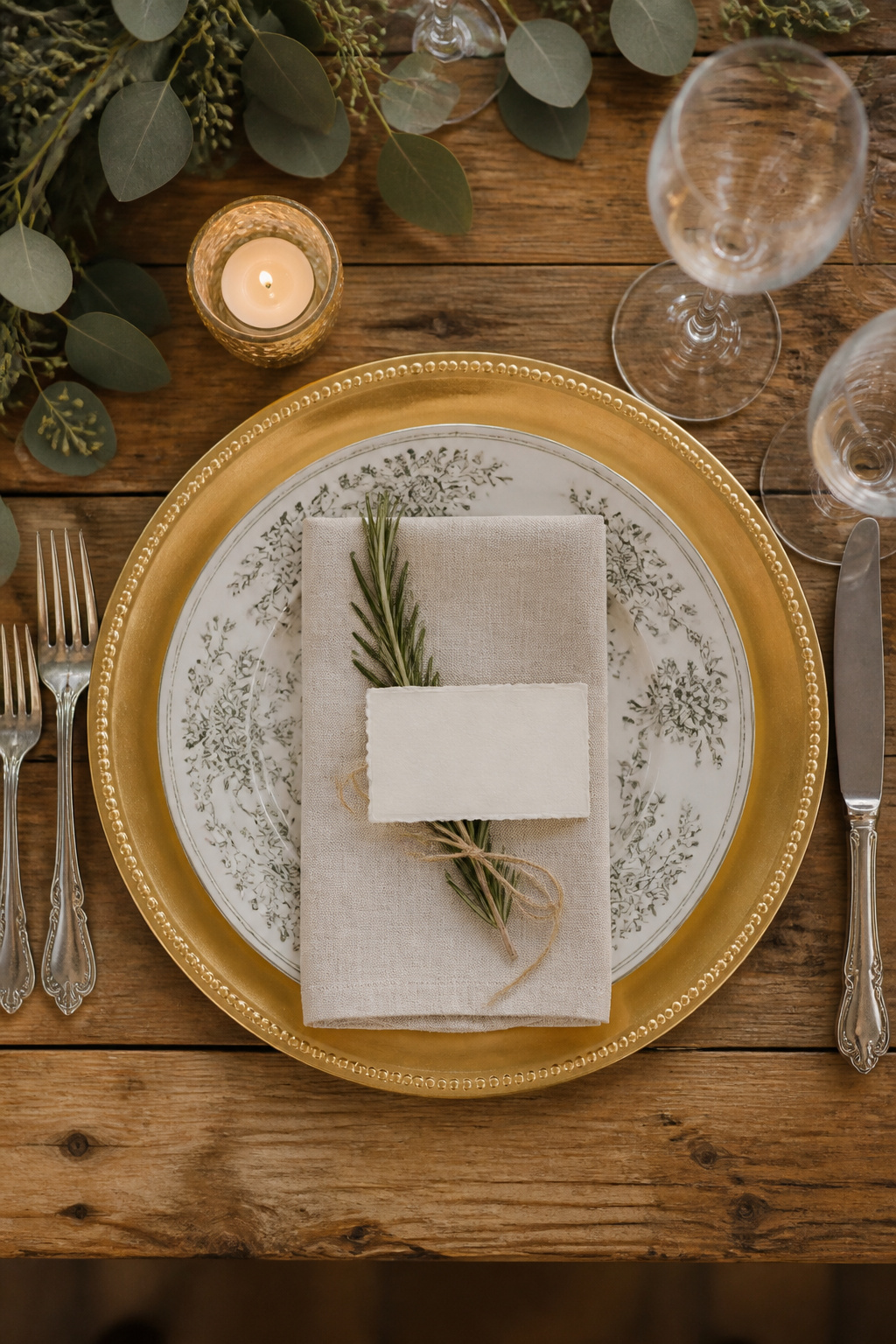 A wedding table setting with a plate, silverware, and a napkin.