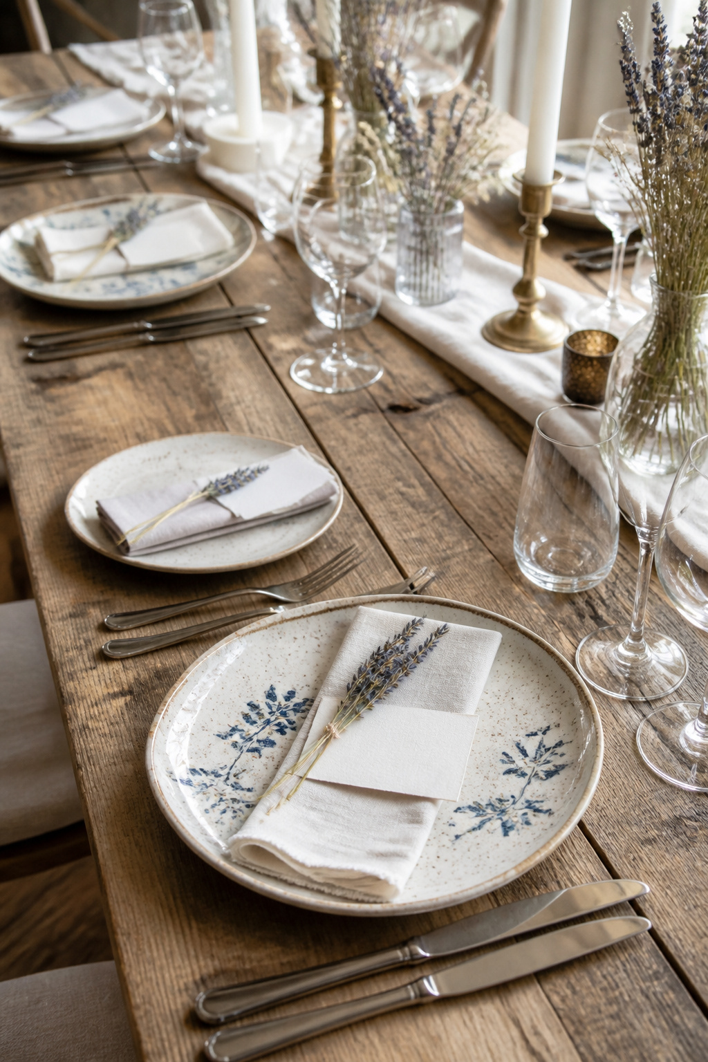 A table setting with personalized place cards and menus under napkins.