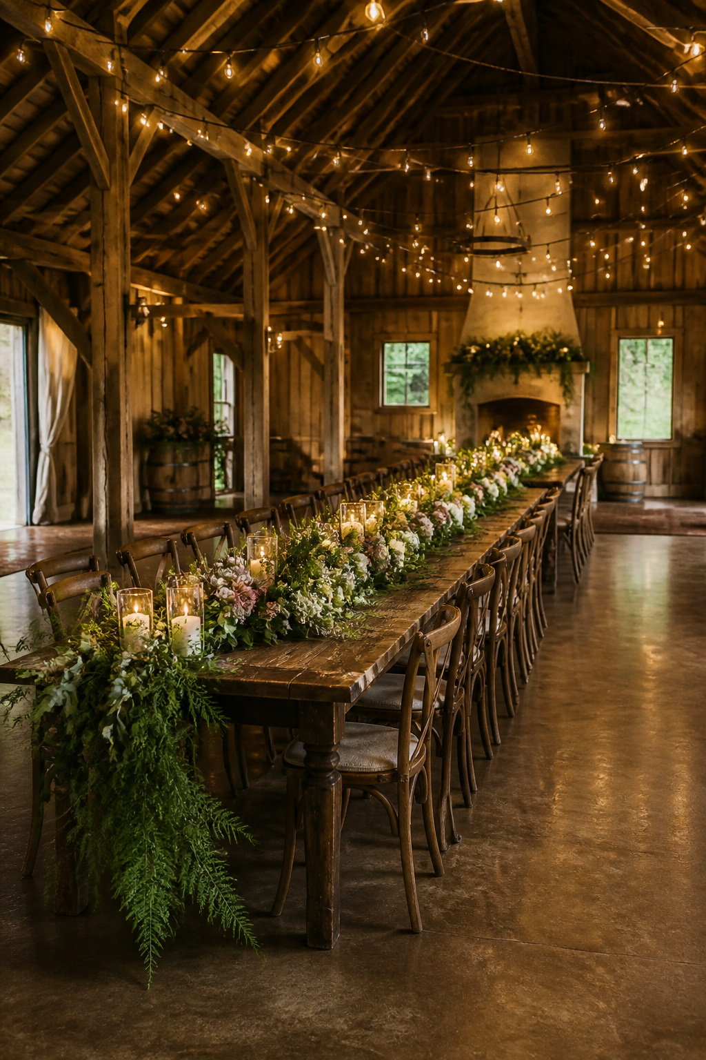 A table featuring a greenery garland as a centerpiece.