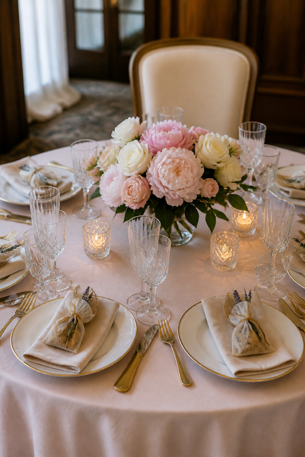 Small wedding favors placed on a table setting with flowers.