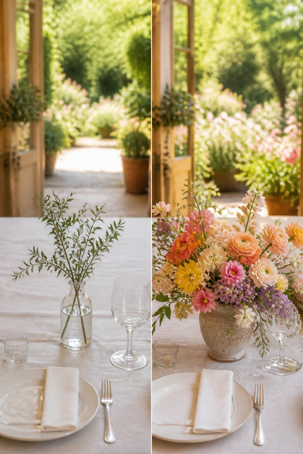 A table decorated with seasonal flowers and greenery.