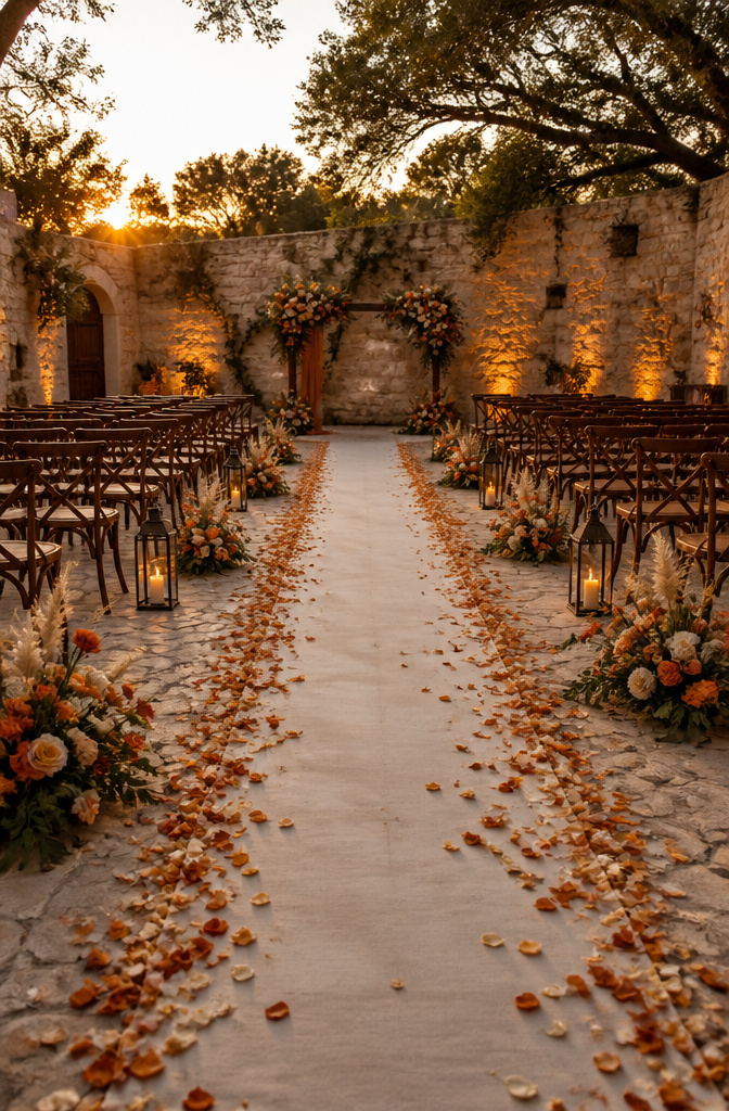Aisle decorated with burnt orange petals on a runner.