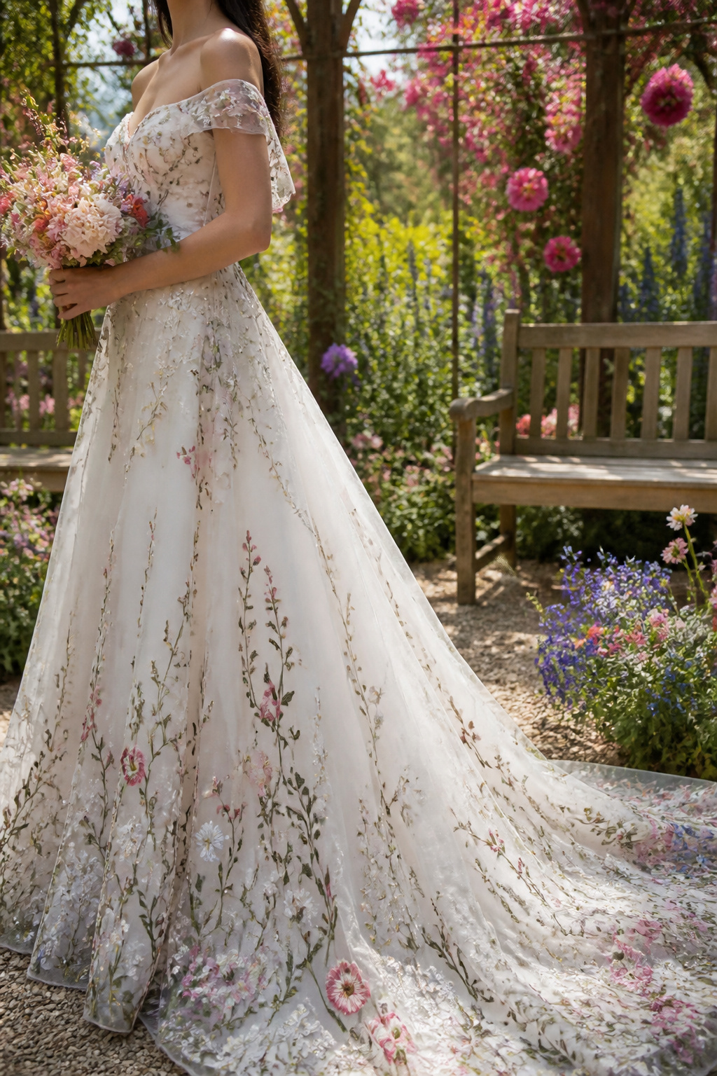 Floral embroidered garden wedding dress in a flower garden.