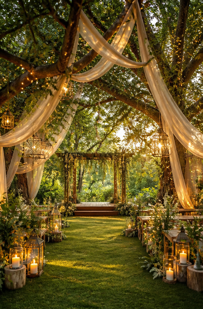 Hanging greenery and fairy lights among trees in a garden.