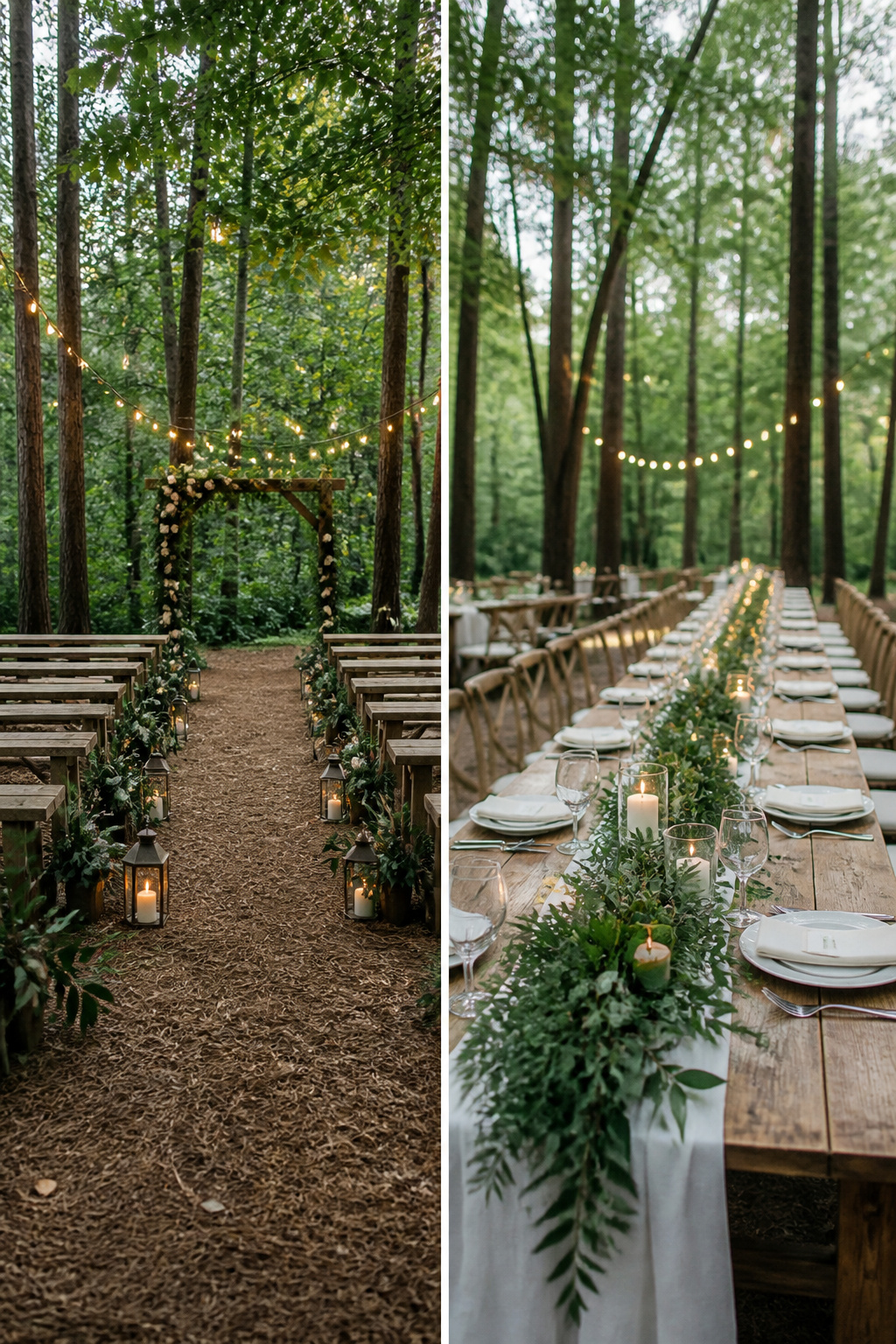 Wooden signage and greenery at a forest wedding venue.