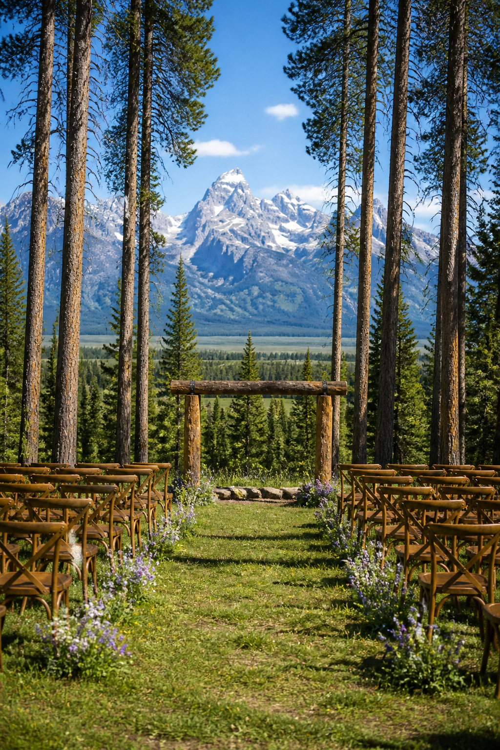 Outdoor ceremony site with natural wooden altar in Jackson Hole.