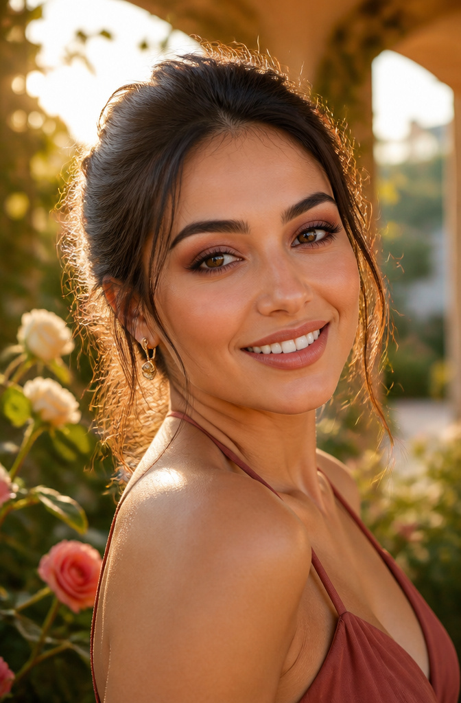 Model with brown eyes displaying a Sunset Smoky Eye look in a garden.