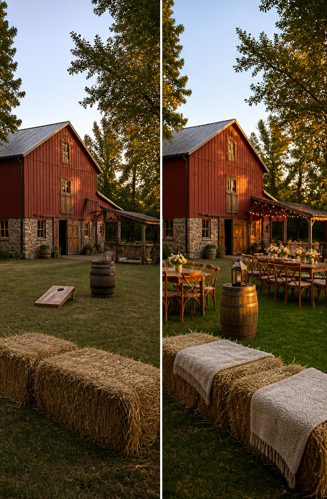 Rustic farm venue with a red barn and stone walls at sunset.