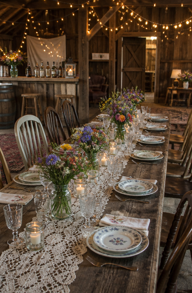 Rustic wedding table with lace runners and mismatched vintage decor.