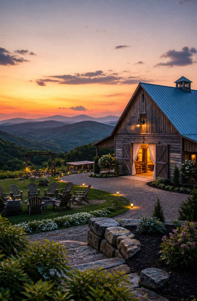 Mountain barn venue with scenic views and rustic architecture.