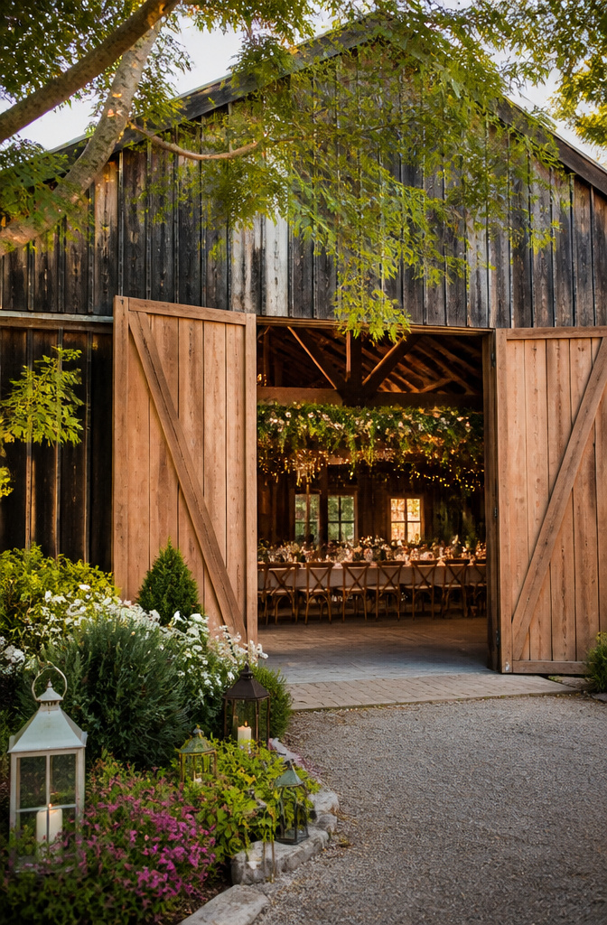Historic Webb Barn with large doors and colonial garden landscape.