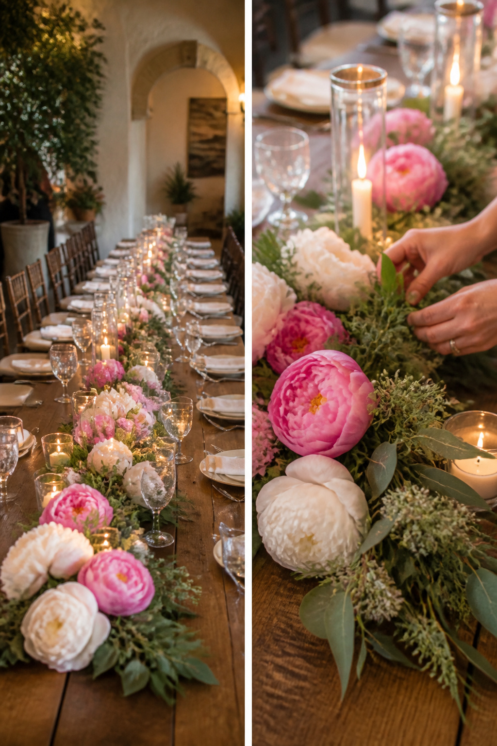 Bridesmaid bouquets arranged flat on a head table.