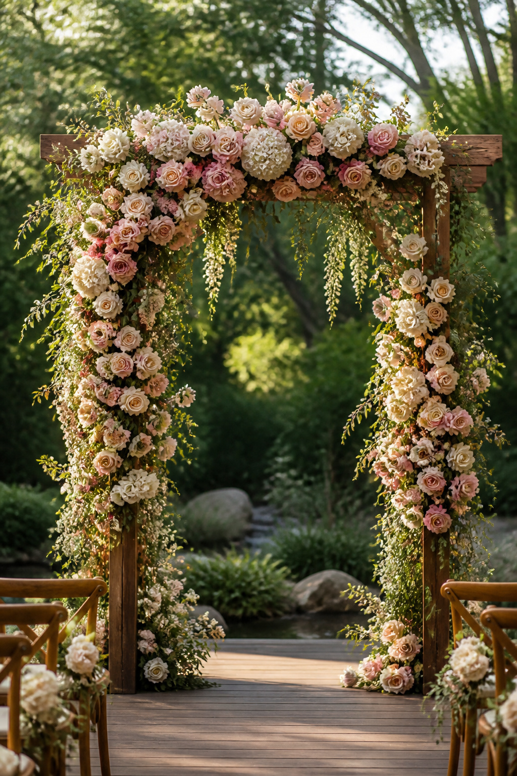 A floral arch adorned with flowers at a wedding ceremony.