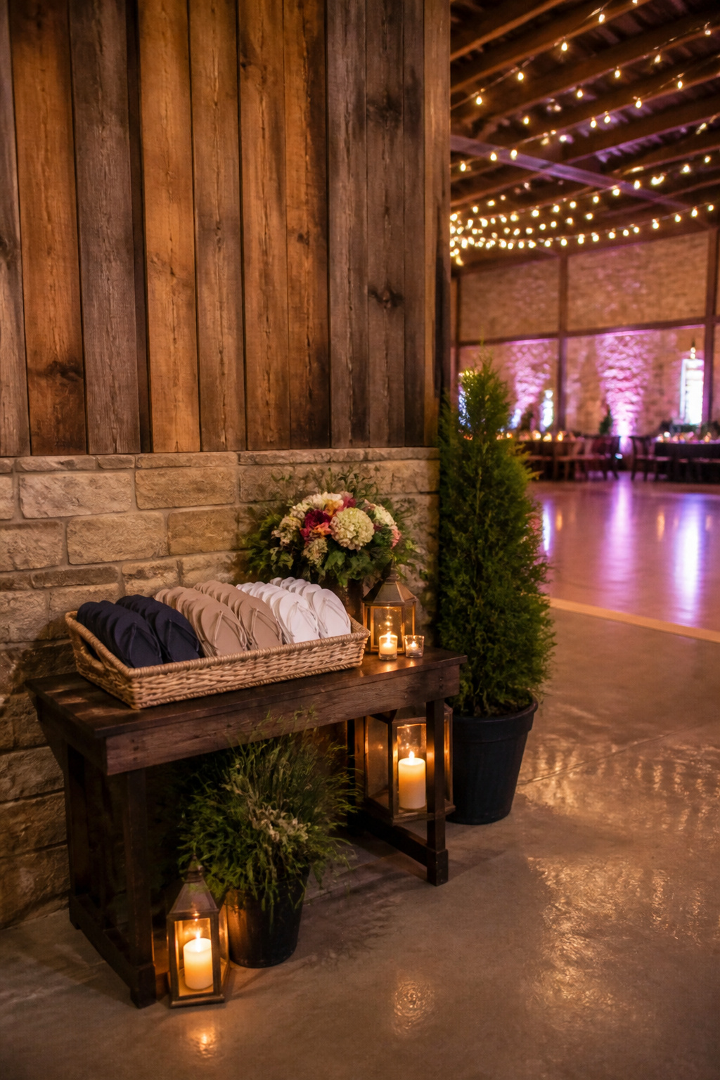 A basket of flip-flops placed near a dance floor.