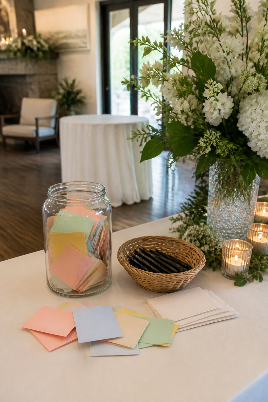 A jar filled with date suggestion cards at a wedding.