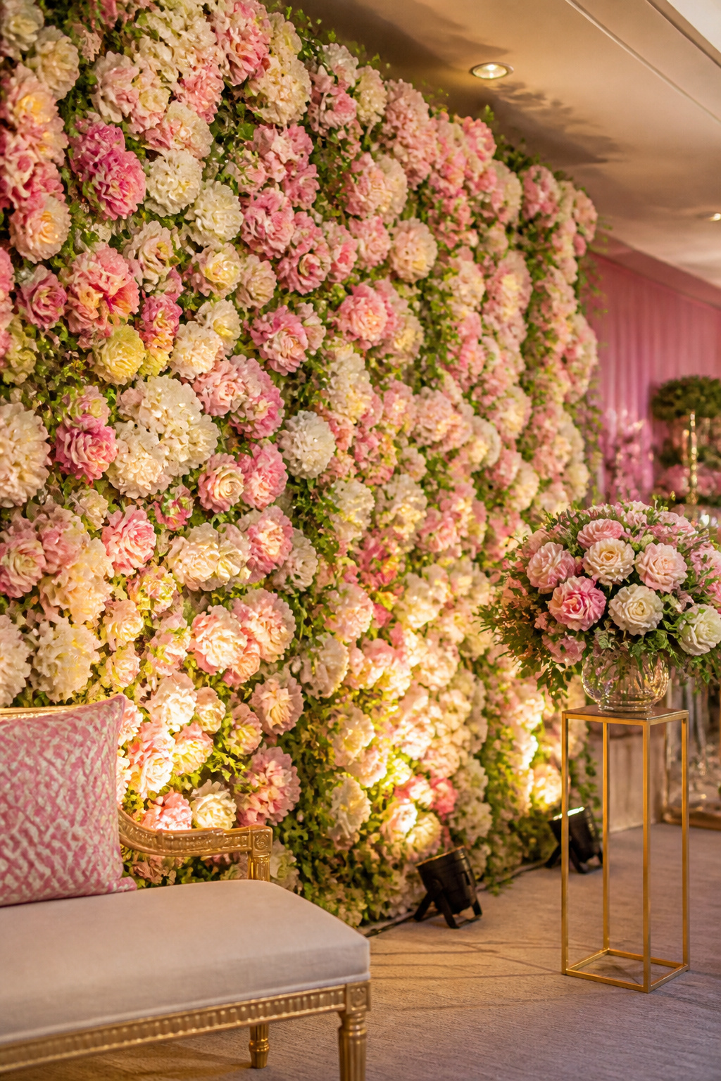 A dense floral wall display at a wedding venue.