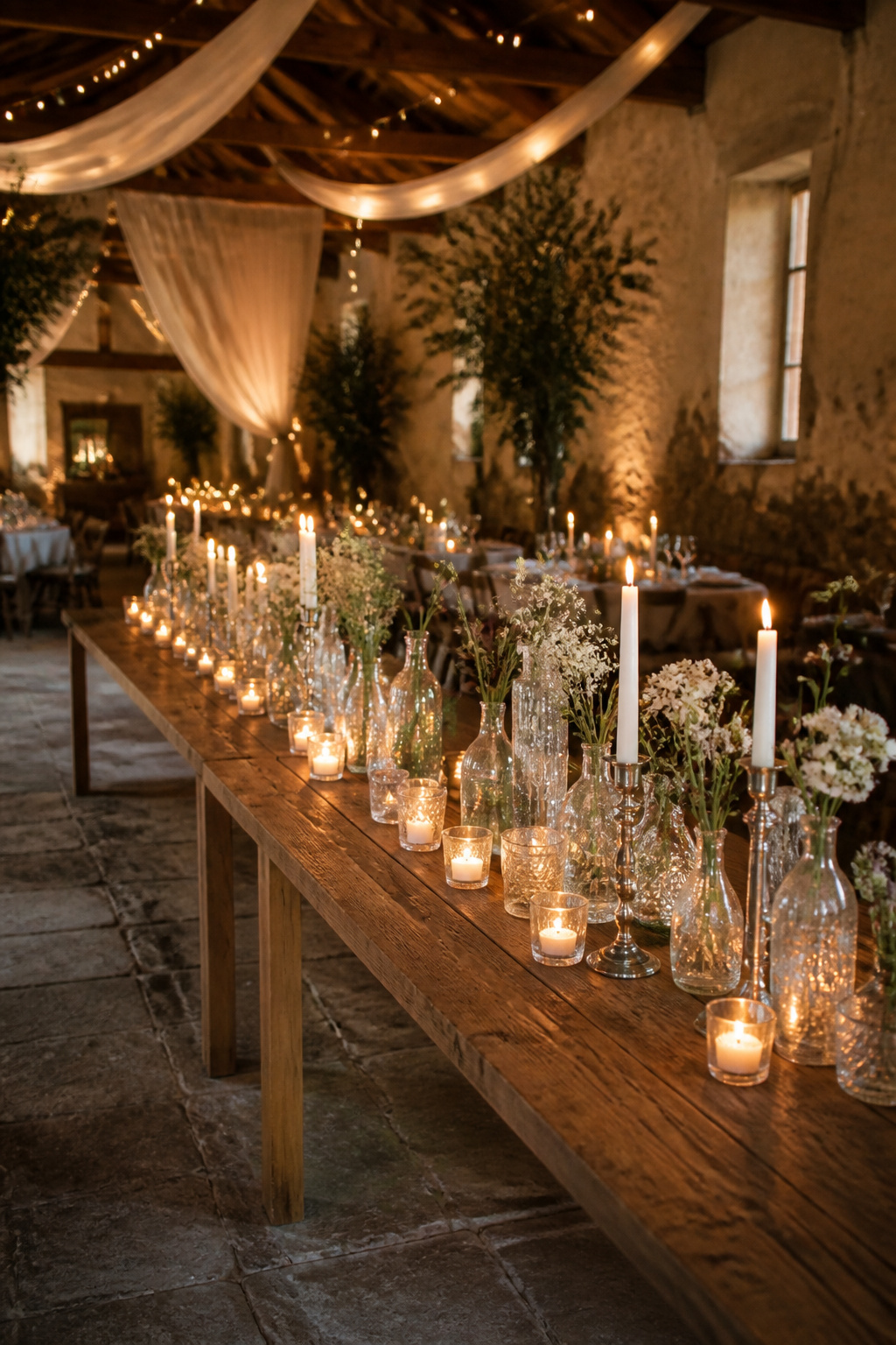 A collection of vintage glass vases of various heights on a table.