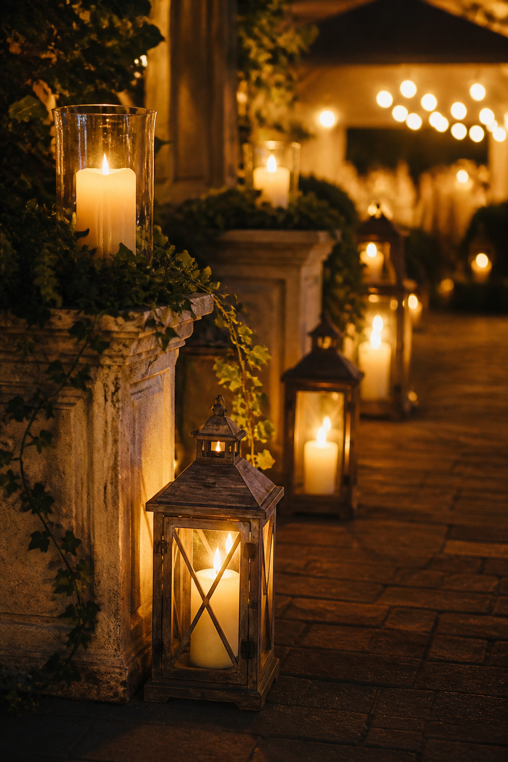 A cluster of candles and lanterns arranged on a table.