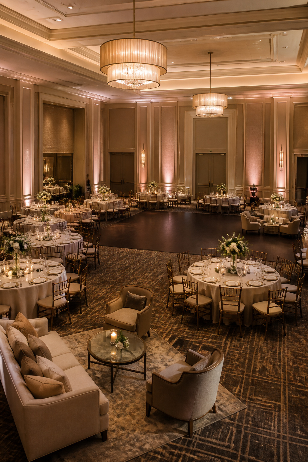 A wedding reception with tables arranged in a cozy layout.