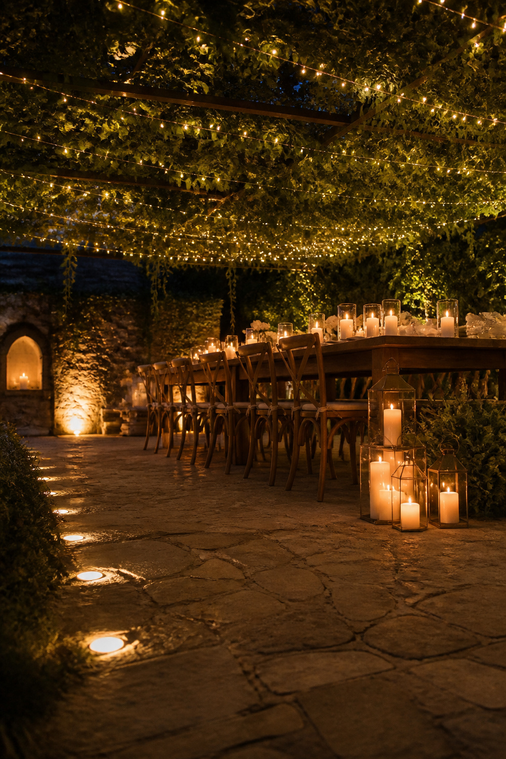 Twinkle lights and candles creating a cozy atmosphere.