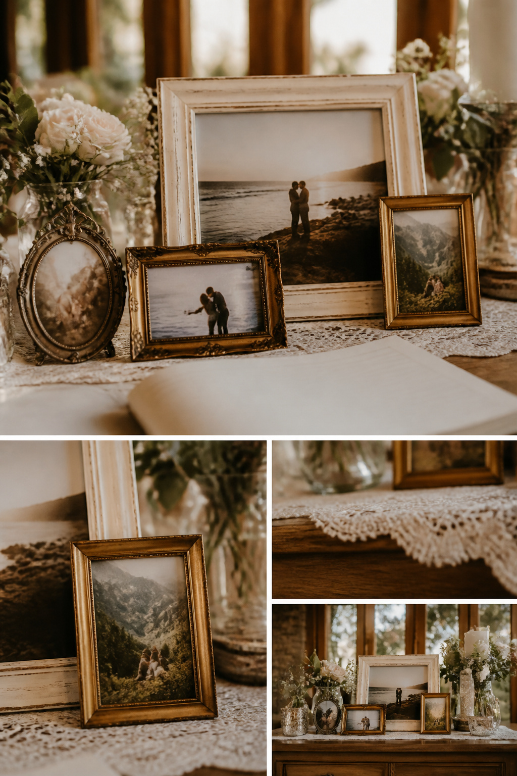 A wall displaying mismatched frames with couple photos.