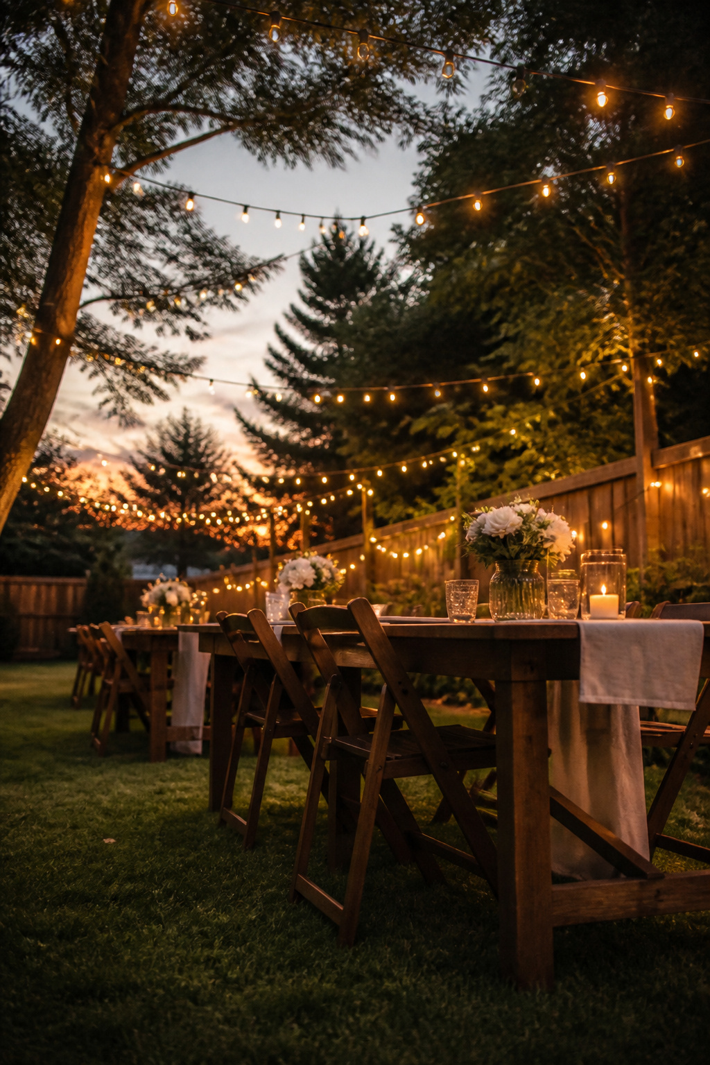 String lights hanging above a wedding reception area.