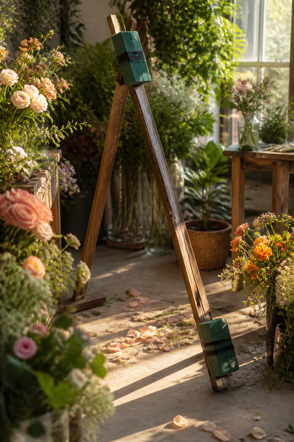 Two blocks of floral foam attached to the triangle arch frame.