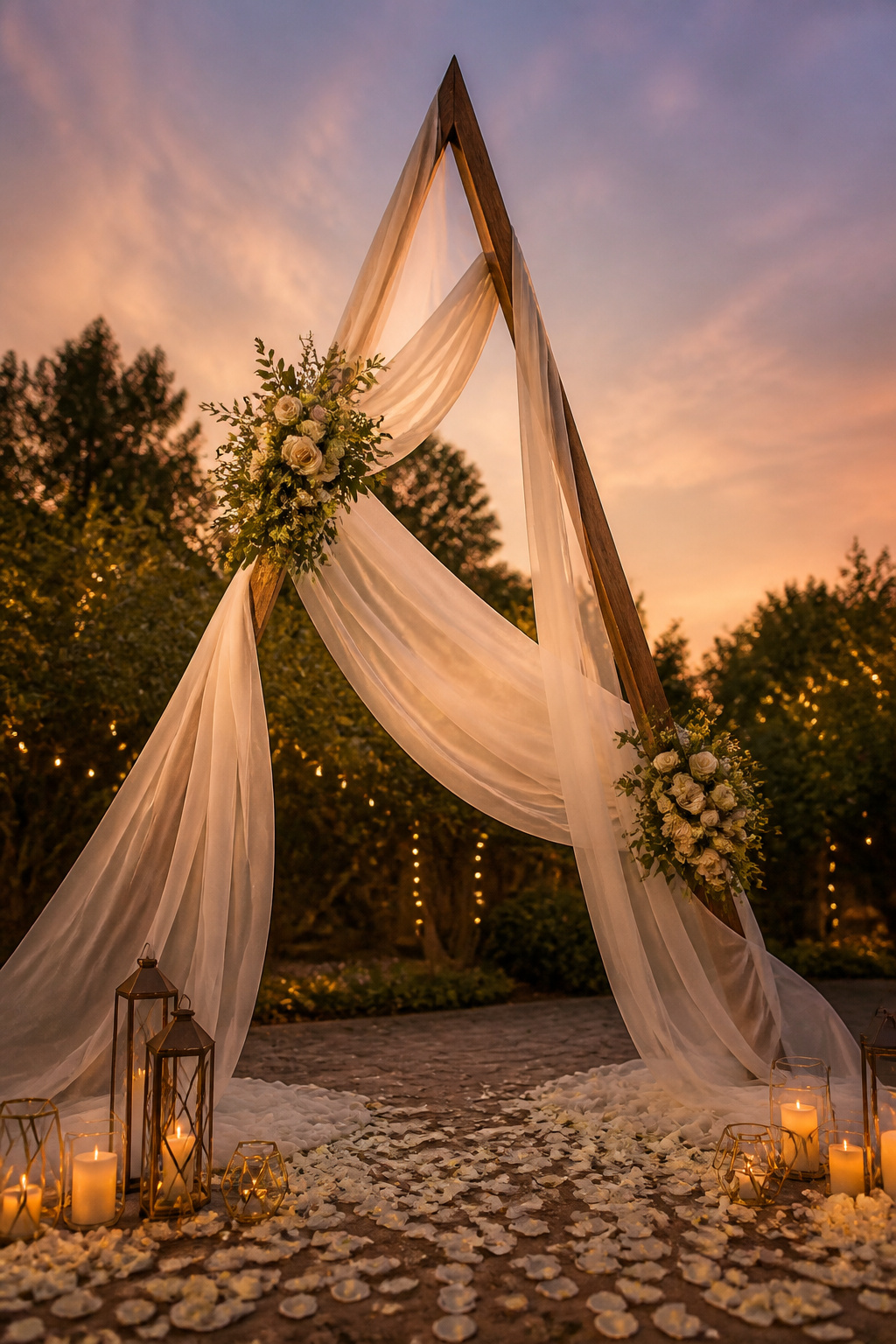Lightweight fabric draped over the triangle arch structure.