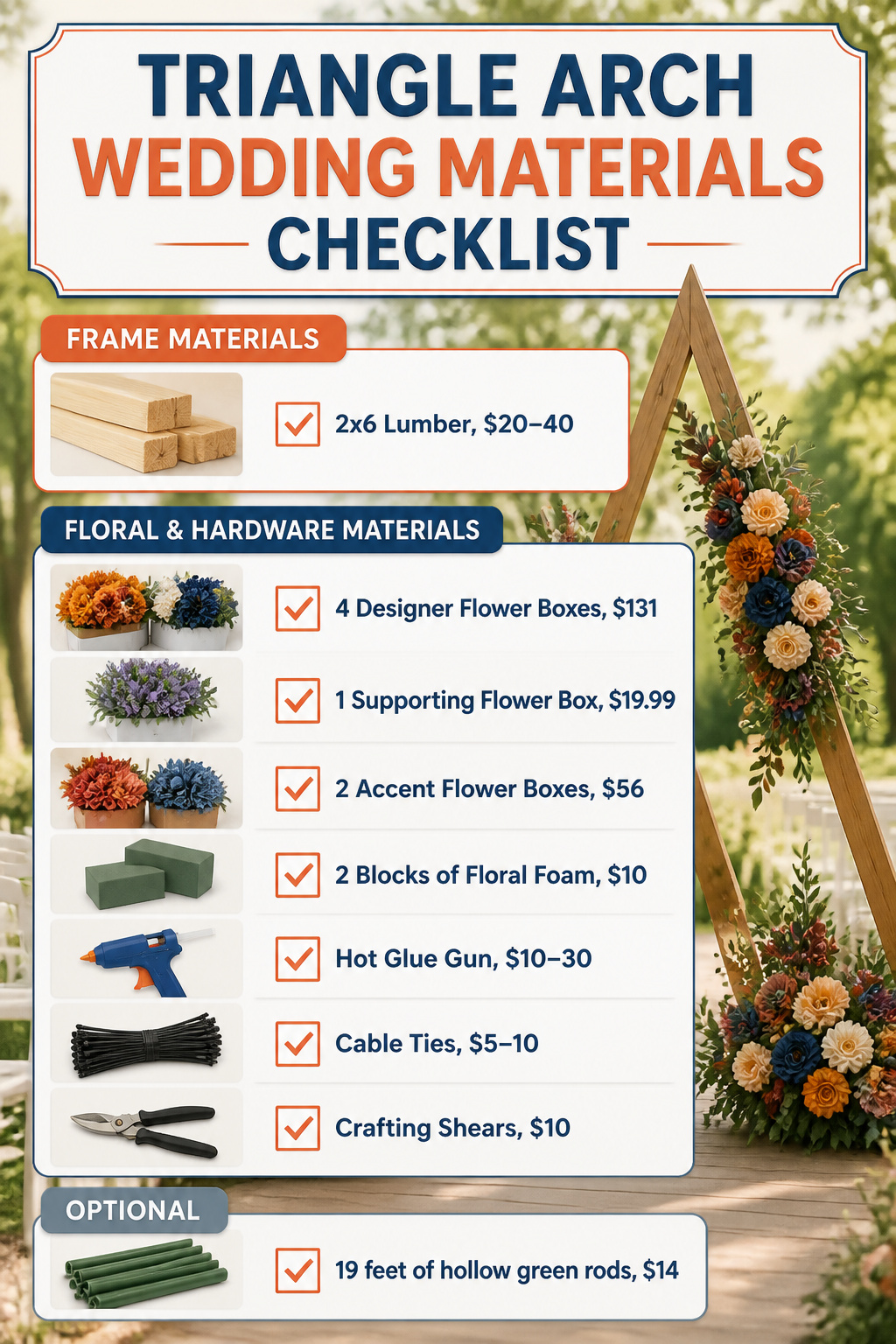 Materials checklist for building a triangle arch wedding structure.