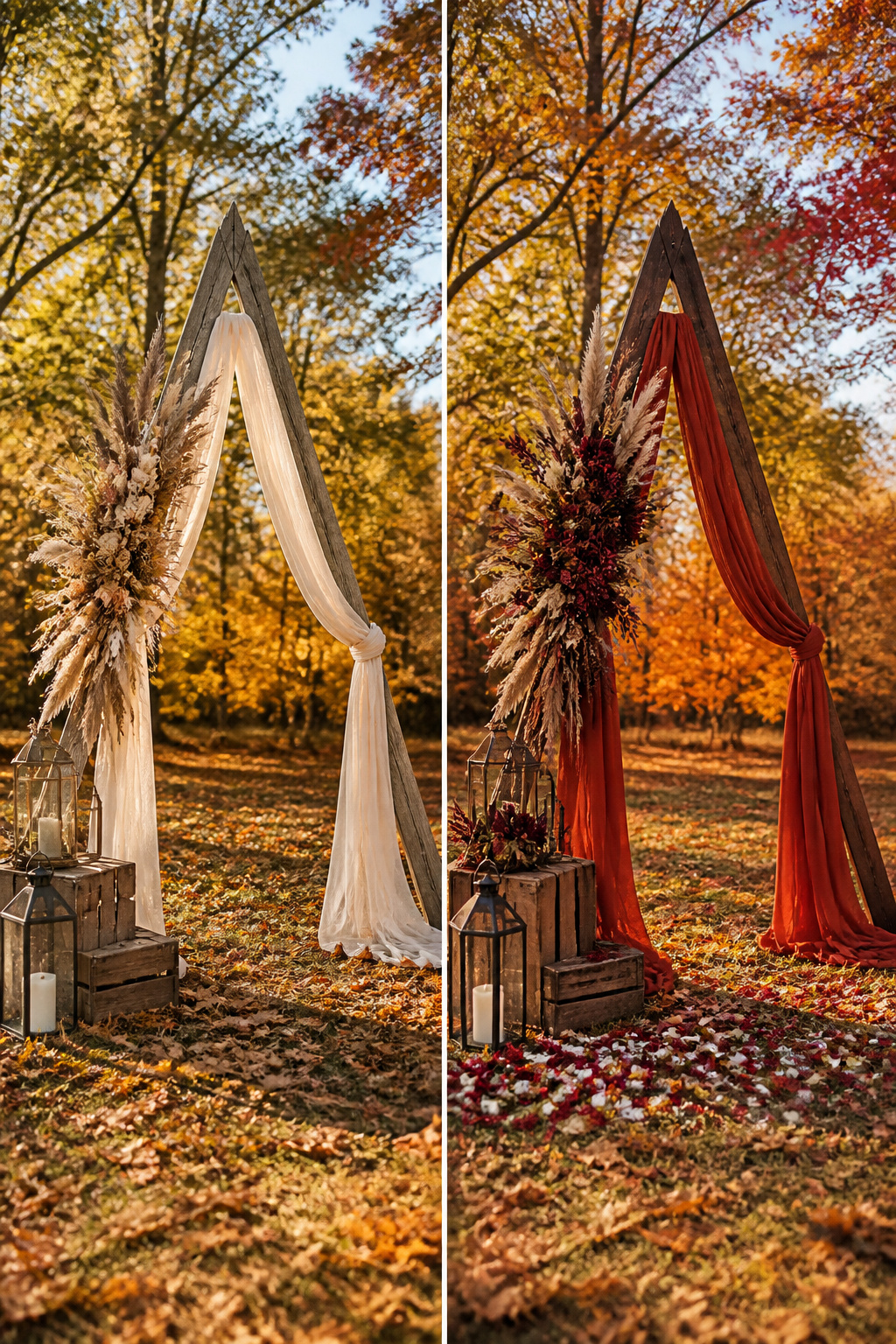 A triangle arch decorated for a wedding with floral arrangements.