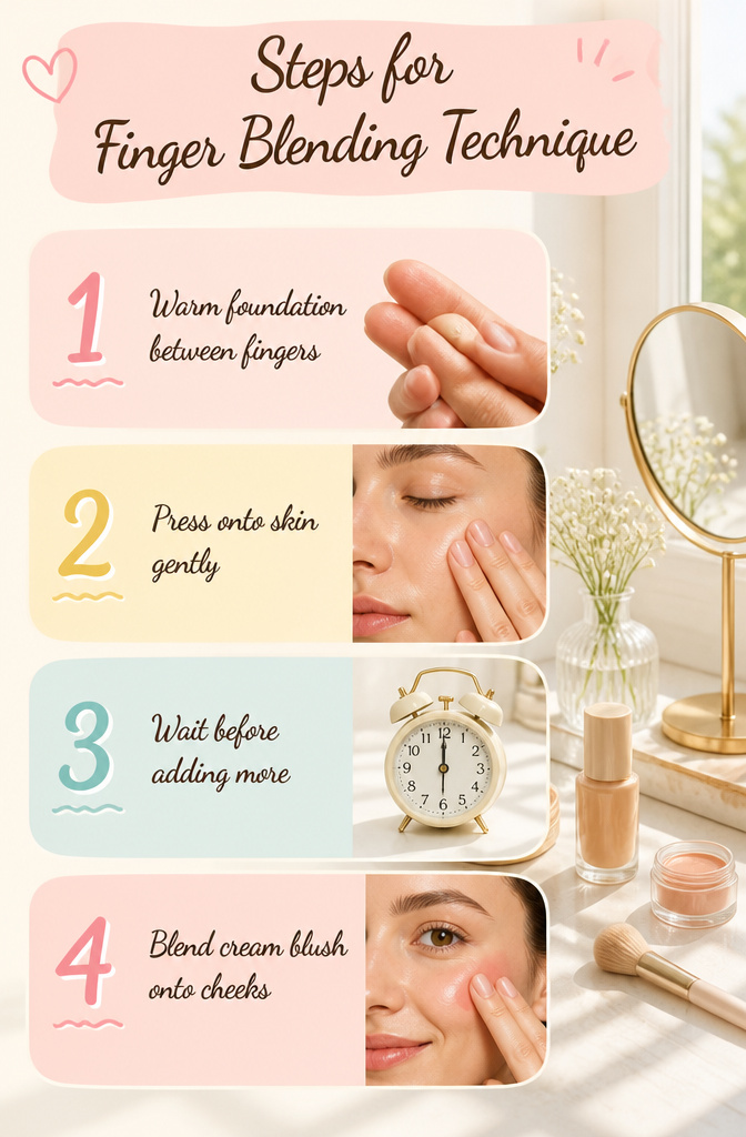 Very Light Makeup: 11 Steps for a Natural 2026 Routine 14 An information image titled 'Steps for Finger Blending Technique'.