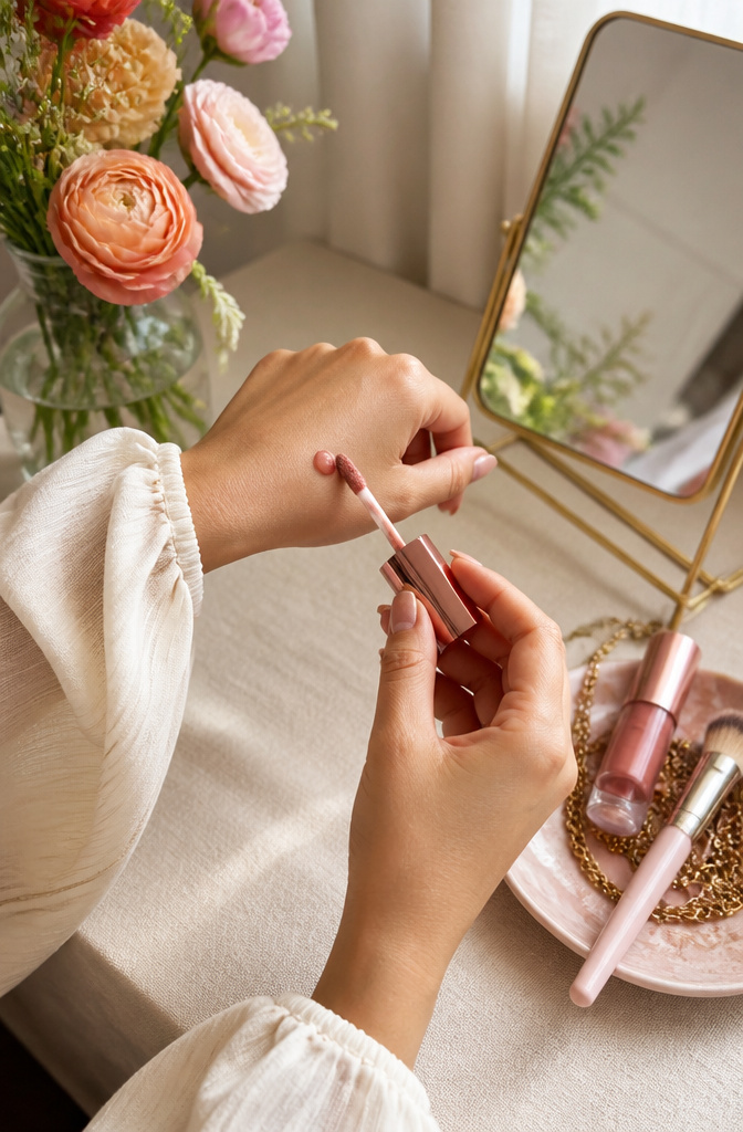 Very Light Makeup: 11 Steps for a Natural 2026 Routine 5 A hand applying liquid blush to cheeks in a softly lit dressing area.