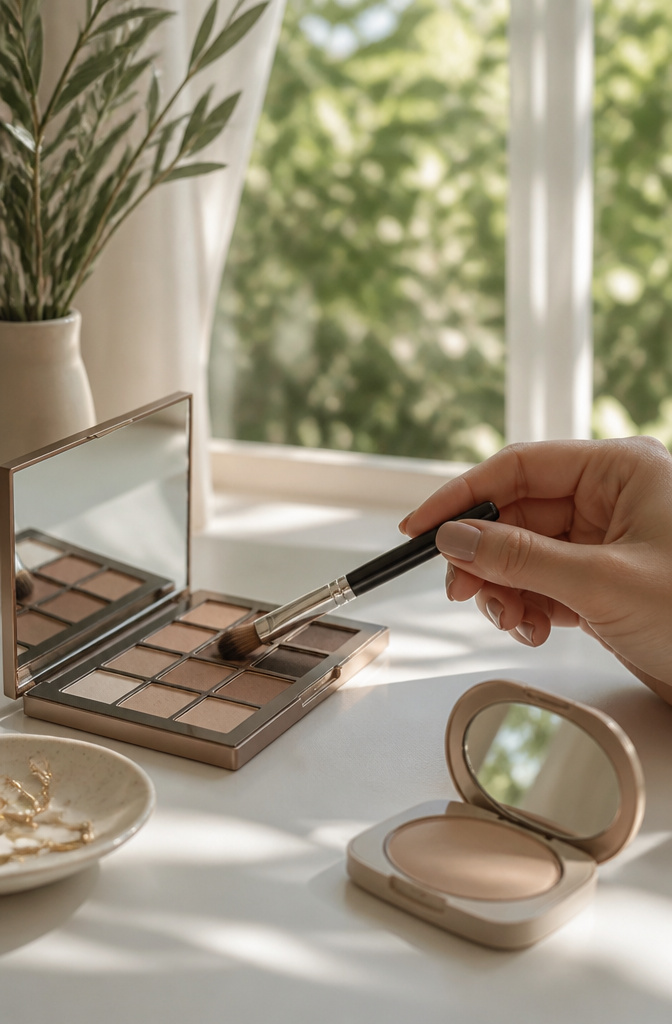 Very Light Makeup: 11 Steps for a Natural 2026 Routine 7 A sleek brush gliding over a neutral matte eyeshadow palette on a vanity.