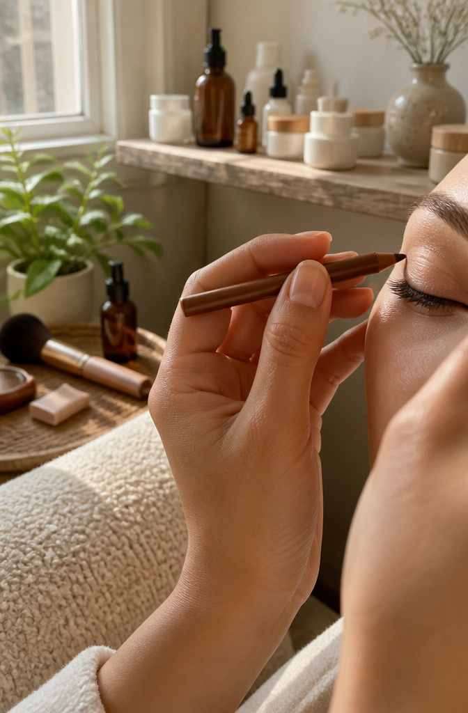 Very Light Makeup: 11 Steps for a Natural 2026 Routine 8 A hand applying soft brown pencil eyeliner to a delicate eye.