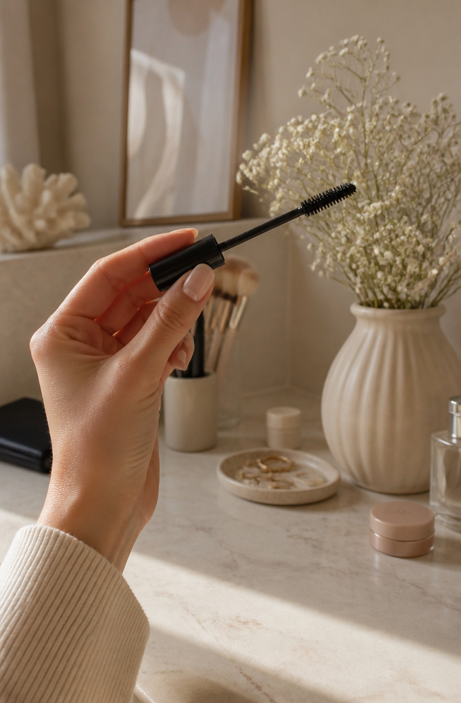 Very Light Makeup: 11 Steps for a Natural 2026 Routine 9 A hand poised at lashes with a lightweight mascara in a serene environment.