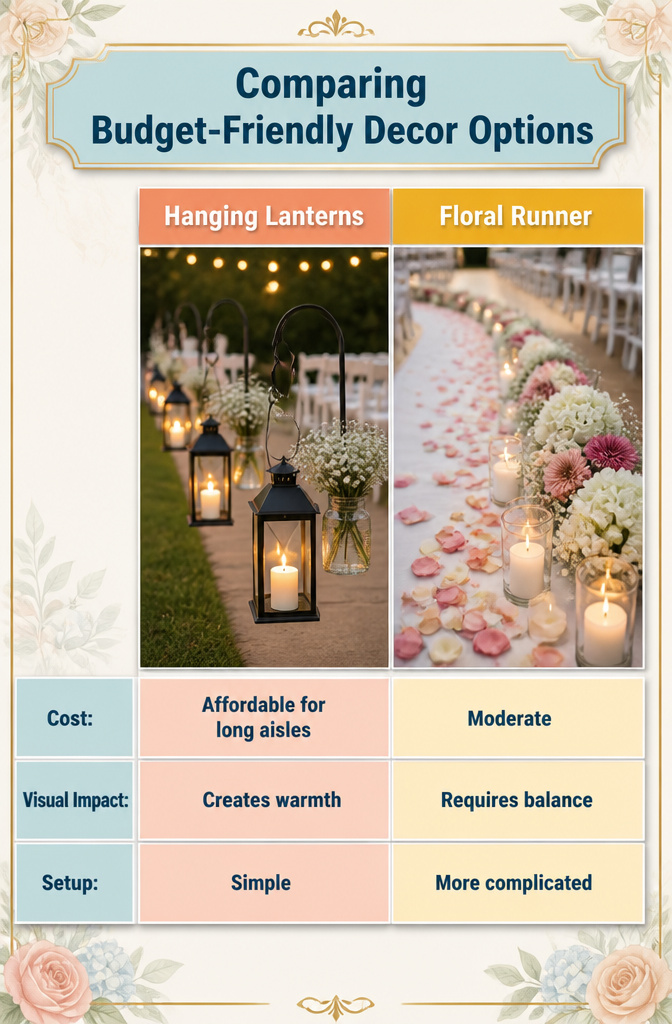Comparison of budget-friendly wedding decor options.