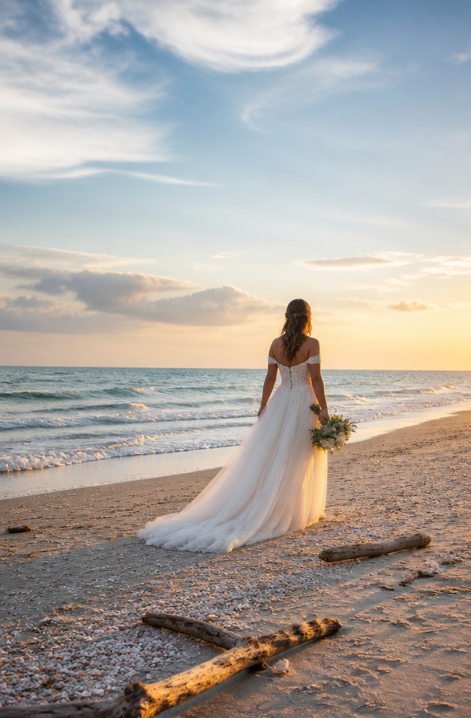 A bride in an A-line wedding dress that flares gently from the waist.