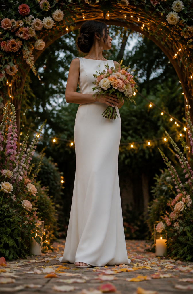 A bride in a sheath wedding dress that runs straight from shoulder to hem.