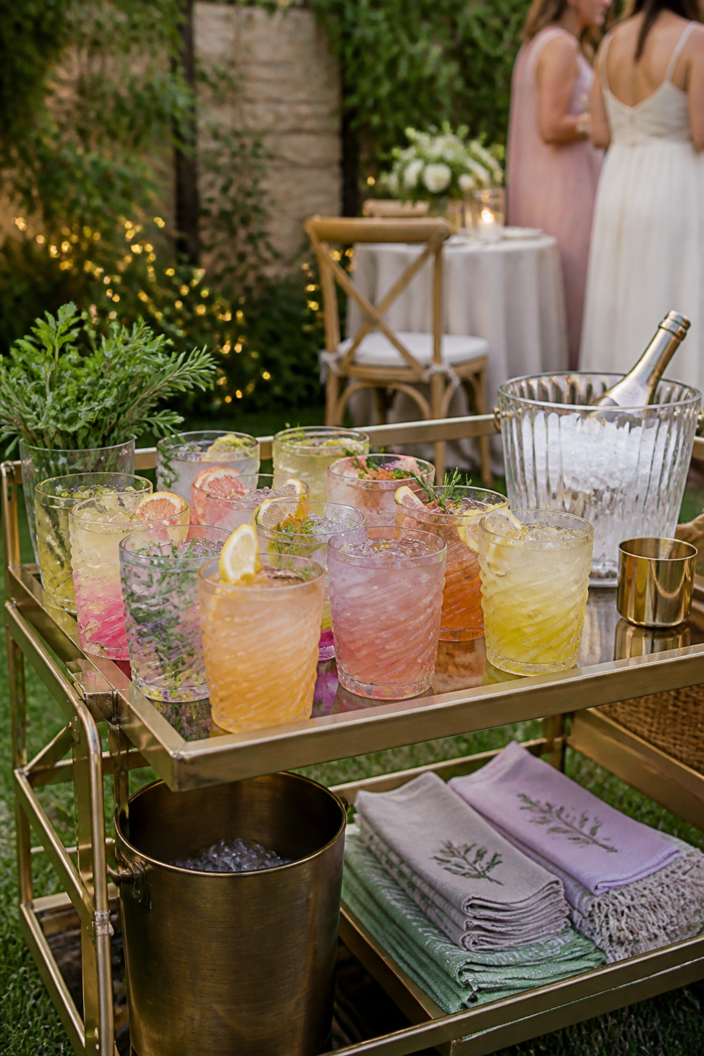 A set of colorful acrylic tumblers on a bar cart in an outdoor setting.