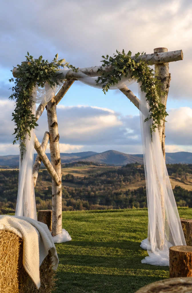 Wooden arch used as a backdrop for an outdoor wedding ceremony.