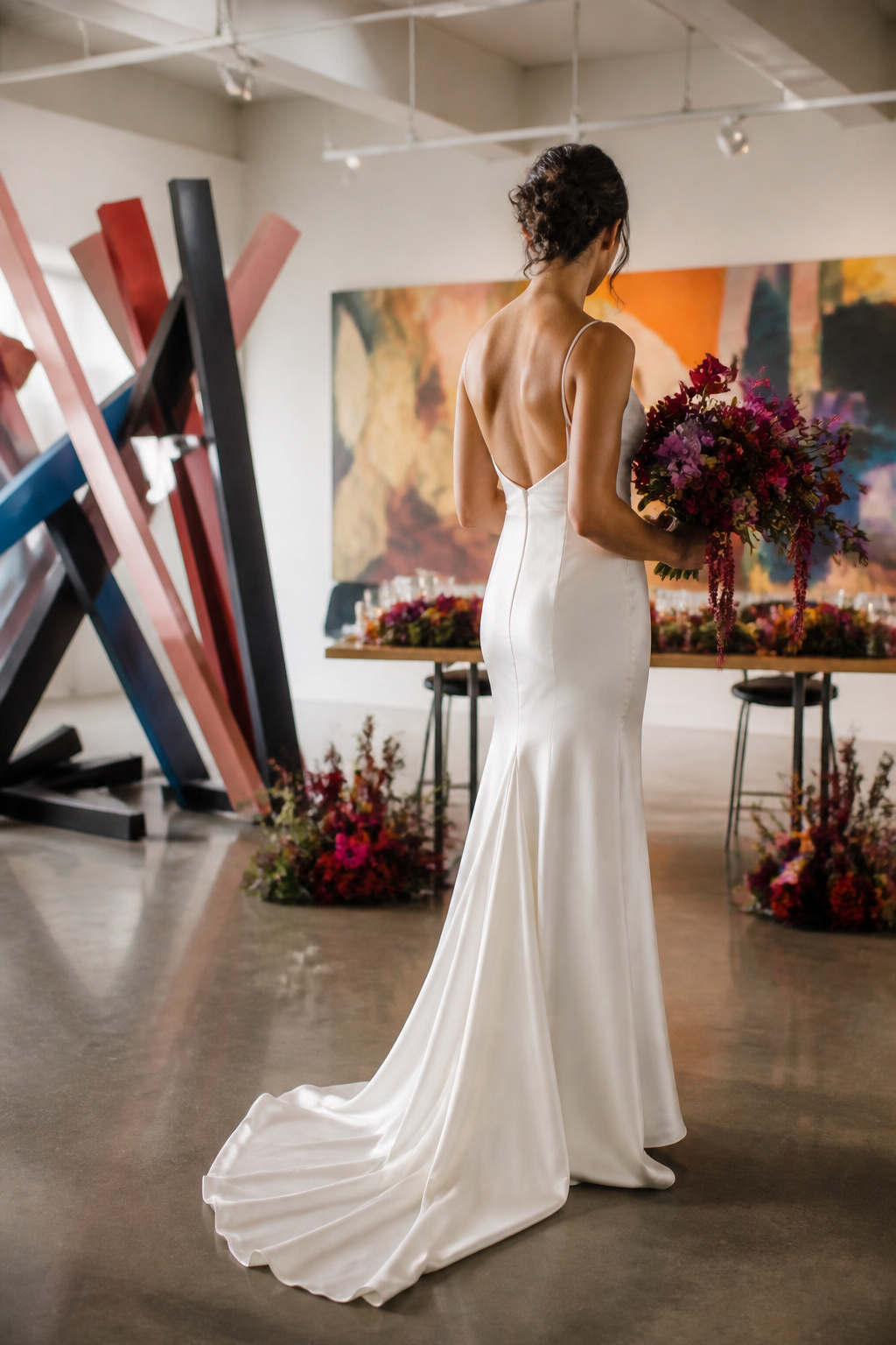 Art gallery wedding with exhibits providing a colorful backdrop.