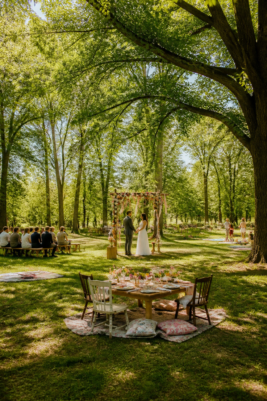Outdoor park wedding with swings and green lawn.