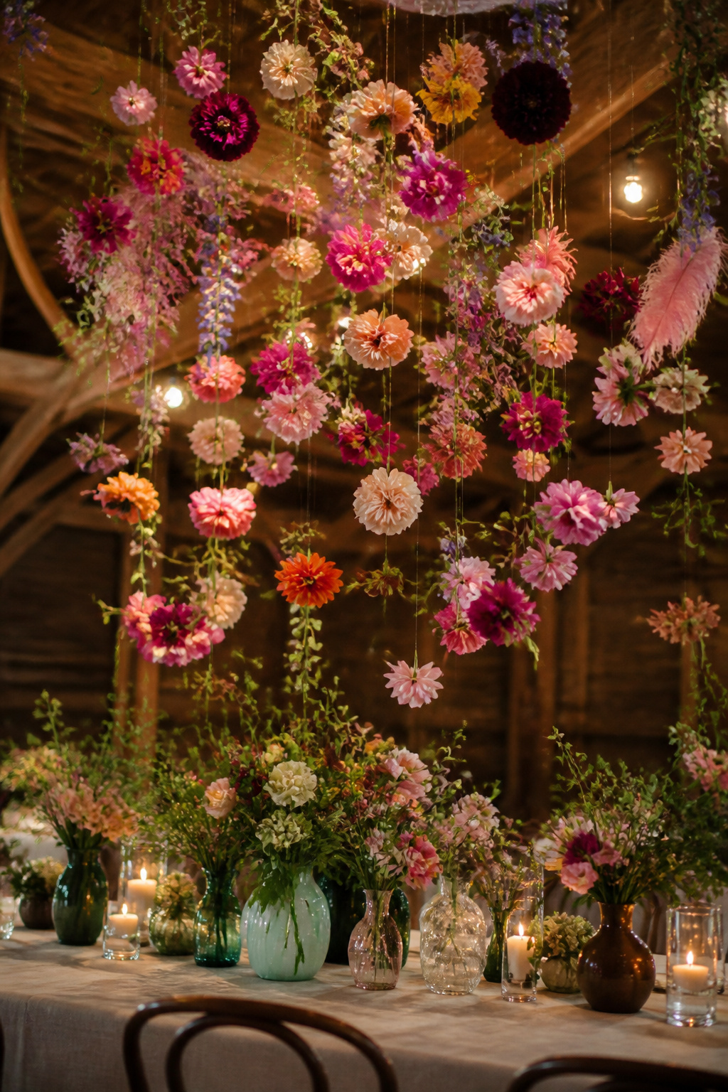Floral arrangement with hanging blooms and colorful flowers.